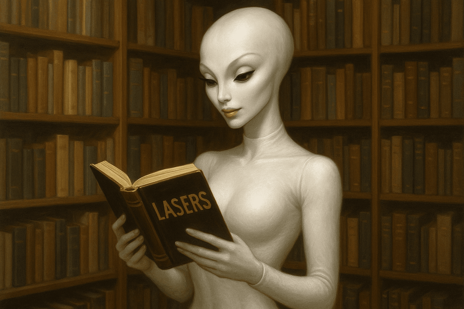 Alien woman reading book on lasers